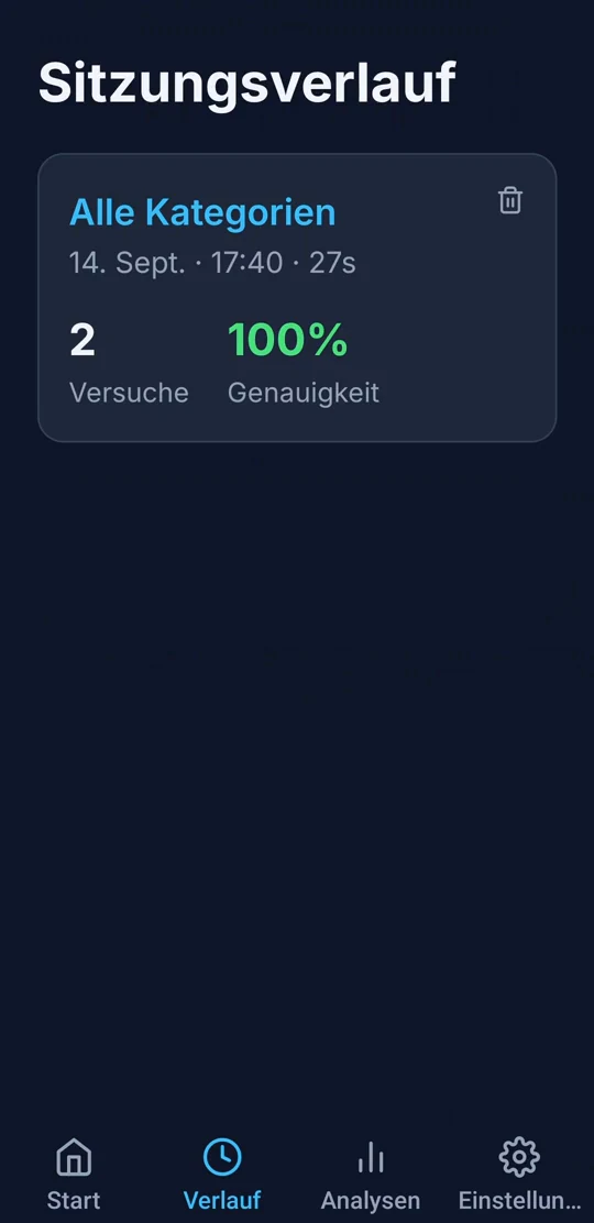 Sitzungsverlauf mit Versuchen und Genauigkeit
